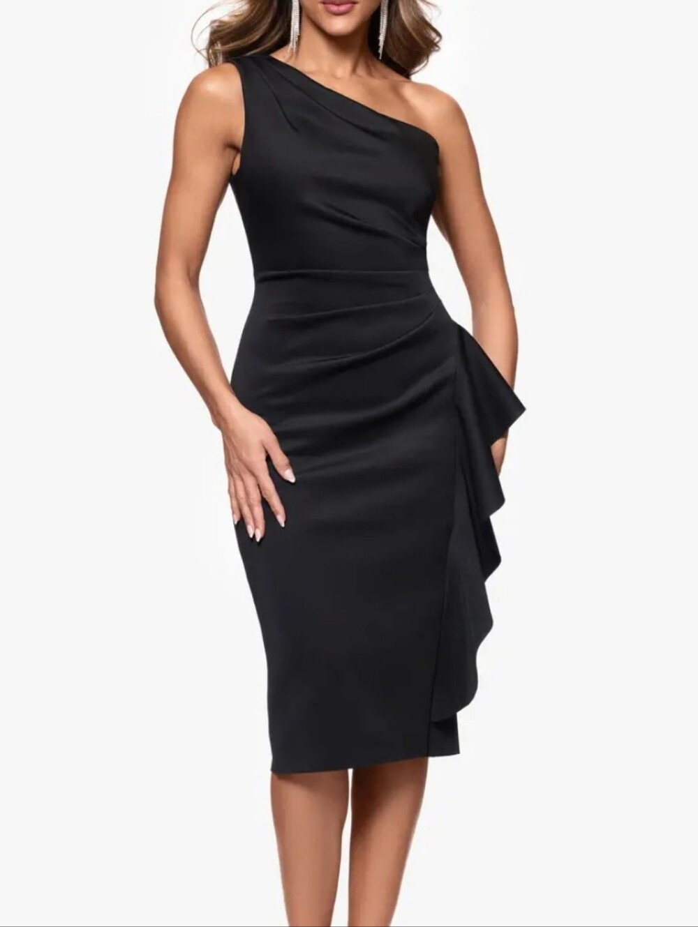 Xscape NWT Black One Shoulder Ruched Cocktail Dress Plus Size 16P $209